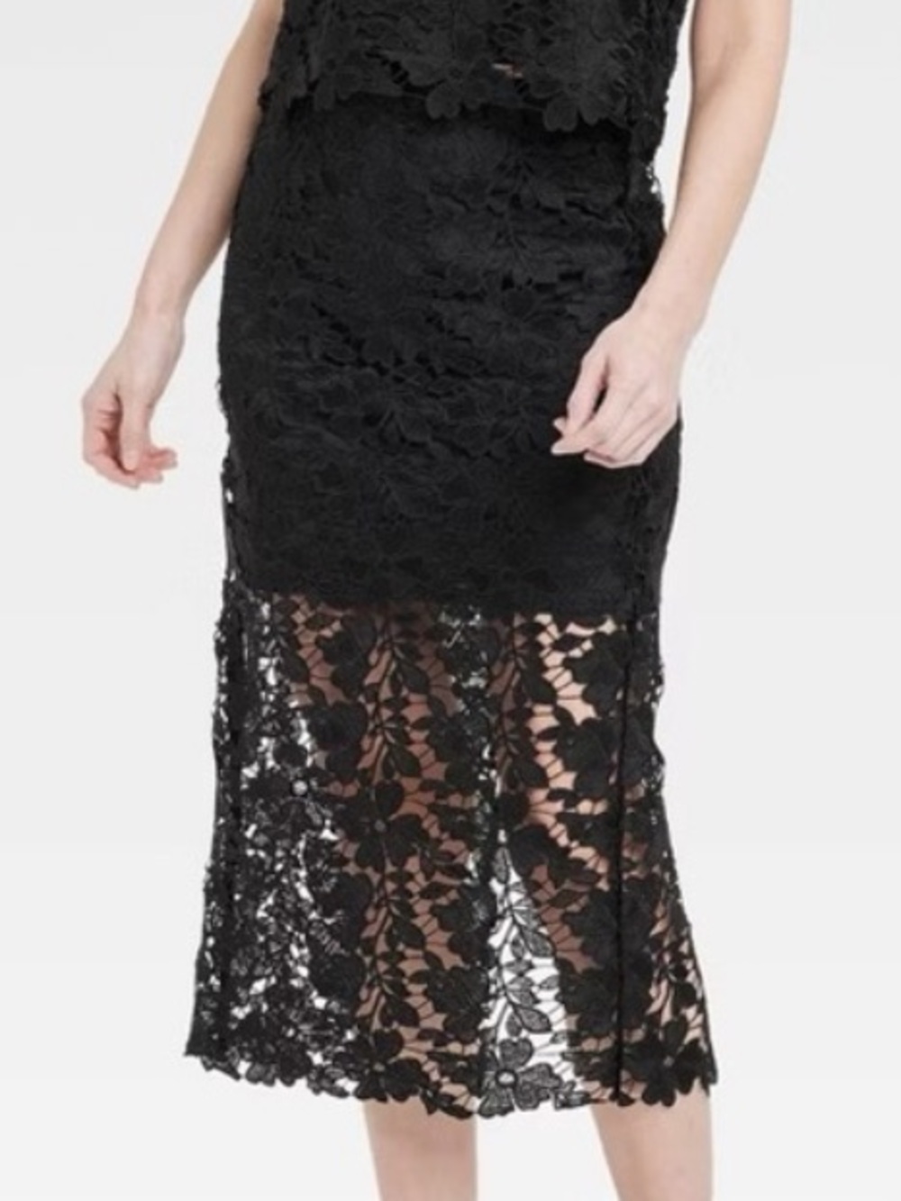 Woman's Black Floral Lace Pencil Midi Skirt